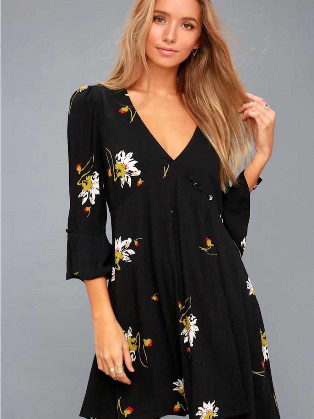 FREE PEOPLE Black Floral V-Neck Swing Dress